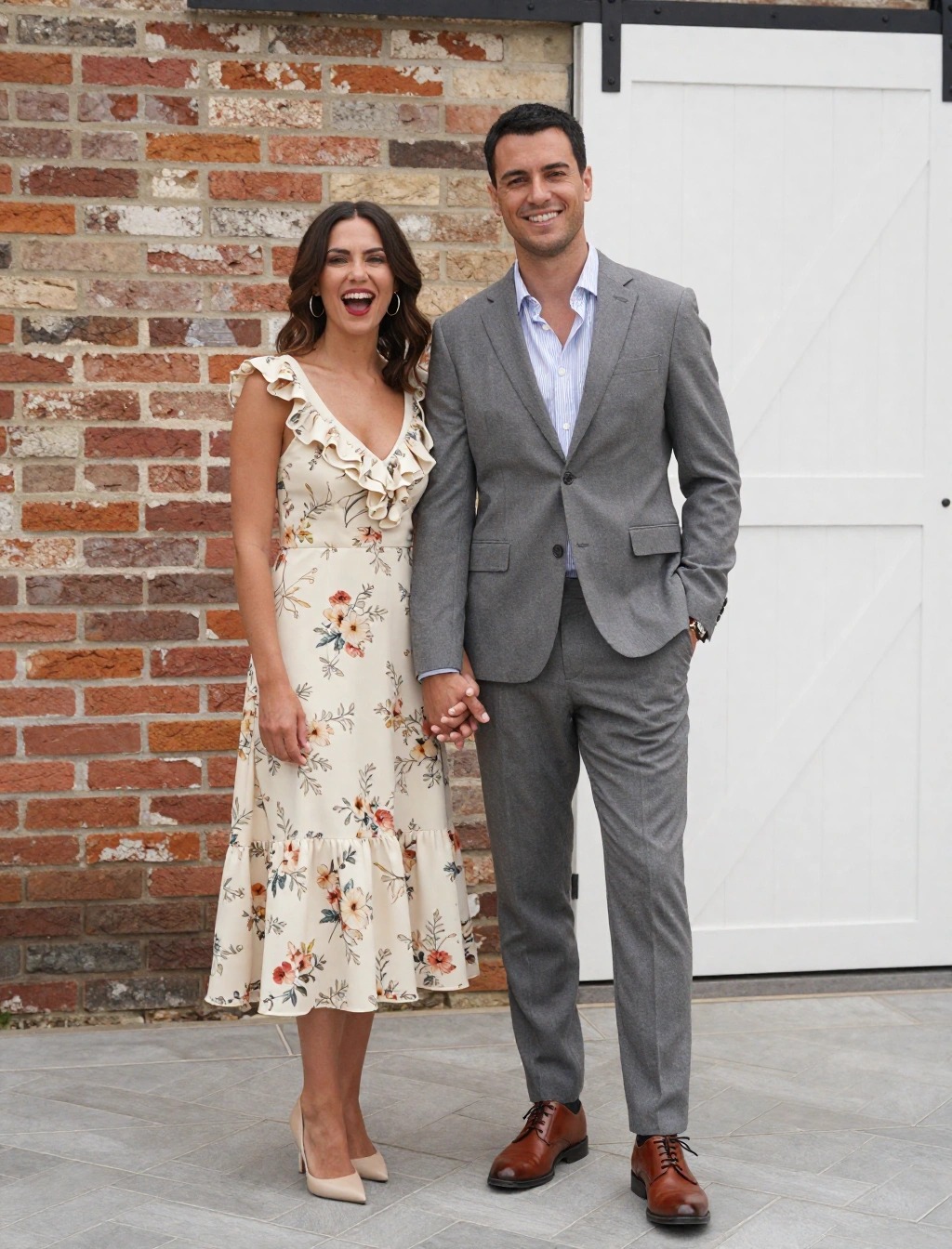 Coppia invitata a un matrimonio con uomo in abito grigio e donna con vestito floreale elegante