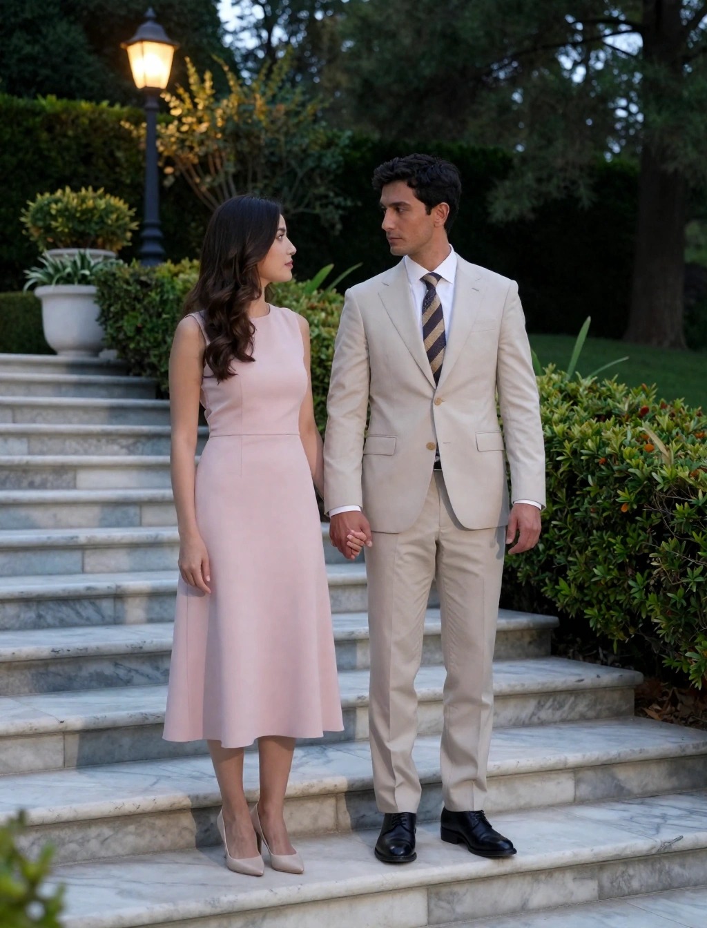 Coppia invitata a un matrimonio con uomo in abito beige e donna con vestito rosa elegante