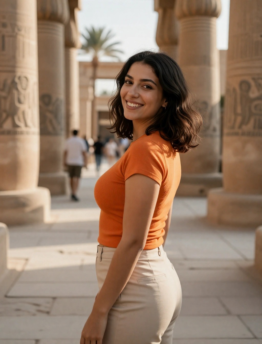 Donna con t-shirt arancione e pantaloni beige chiari, outfit casual per visita culturale ai templi egiziani.