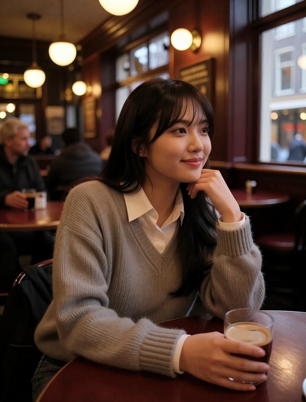 Look a strati donna per l'inverno ad Amsterdam con maglione grigio e camicia bianca in un caffè accogliente