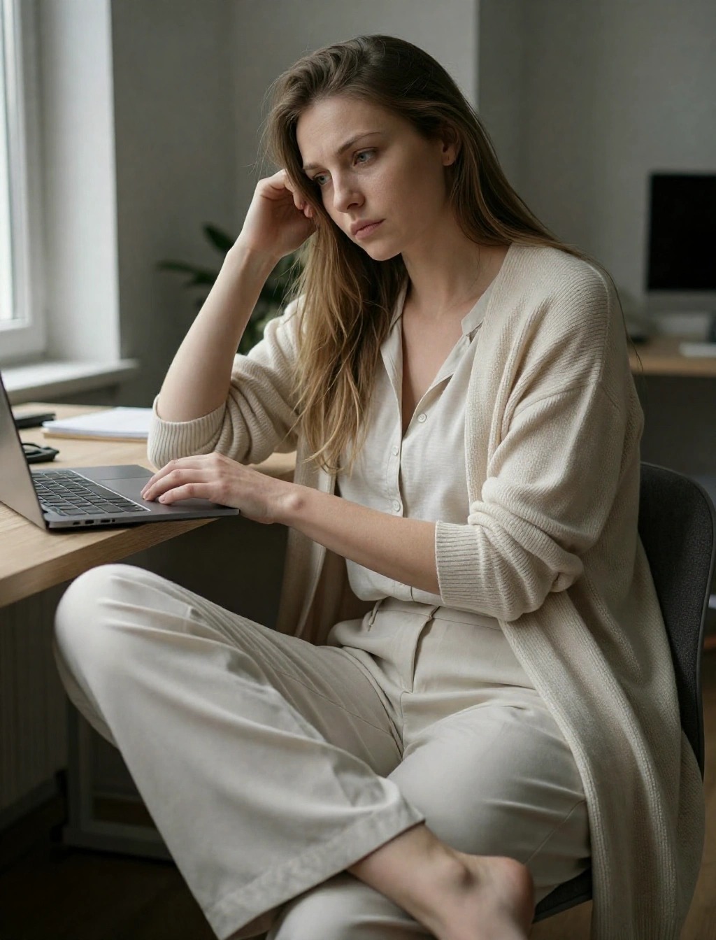 Cosa significa outfit casual? Guida Donna allo stile comodo 6 Donna in smart working seduta alla scrivania di casa con pantaloni a palazzo, camicia morbida e cardigan lungo, ambiente domestico luminoso e informale.