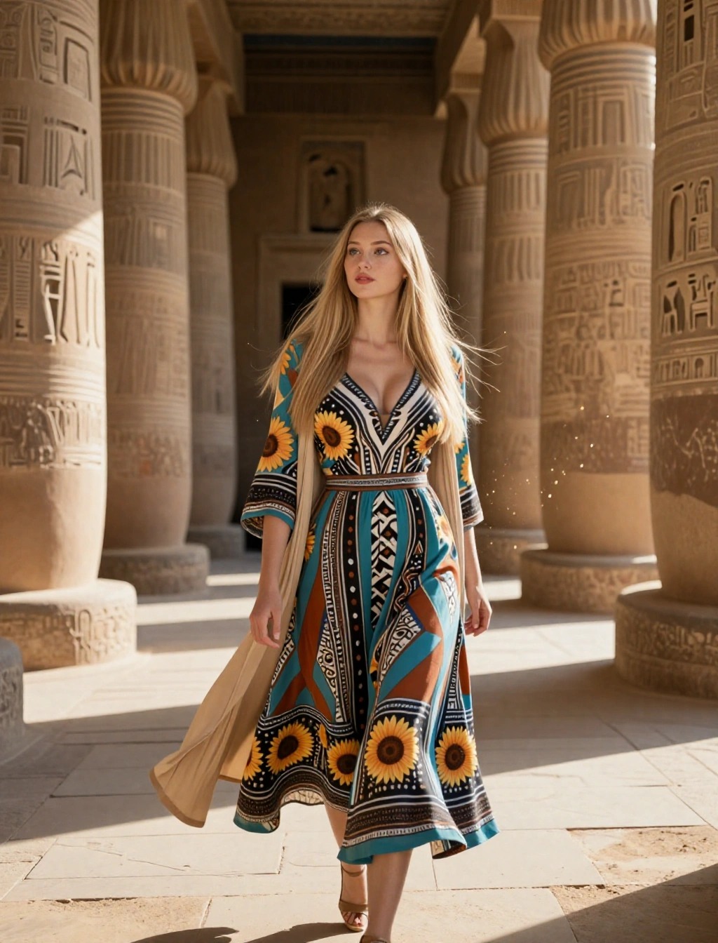 Idea outfit per visitare i templi in Egitto a gennaio: abito midi colorato con stampa girasoli, perfetto per contesti culturali