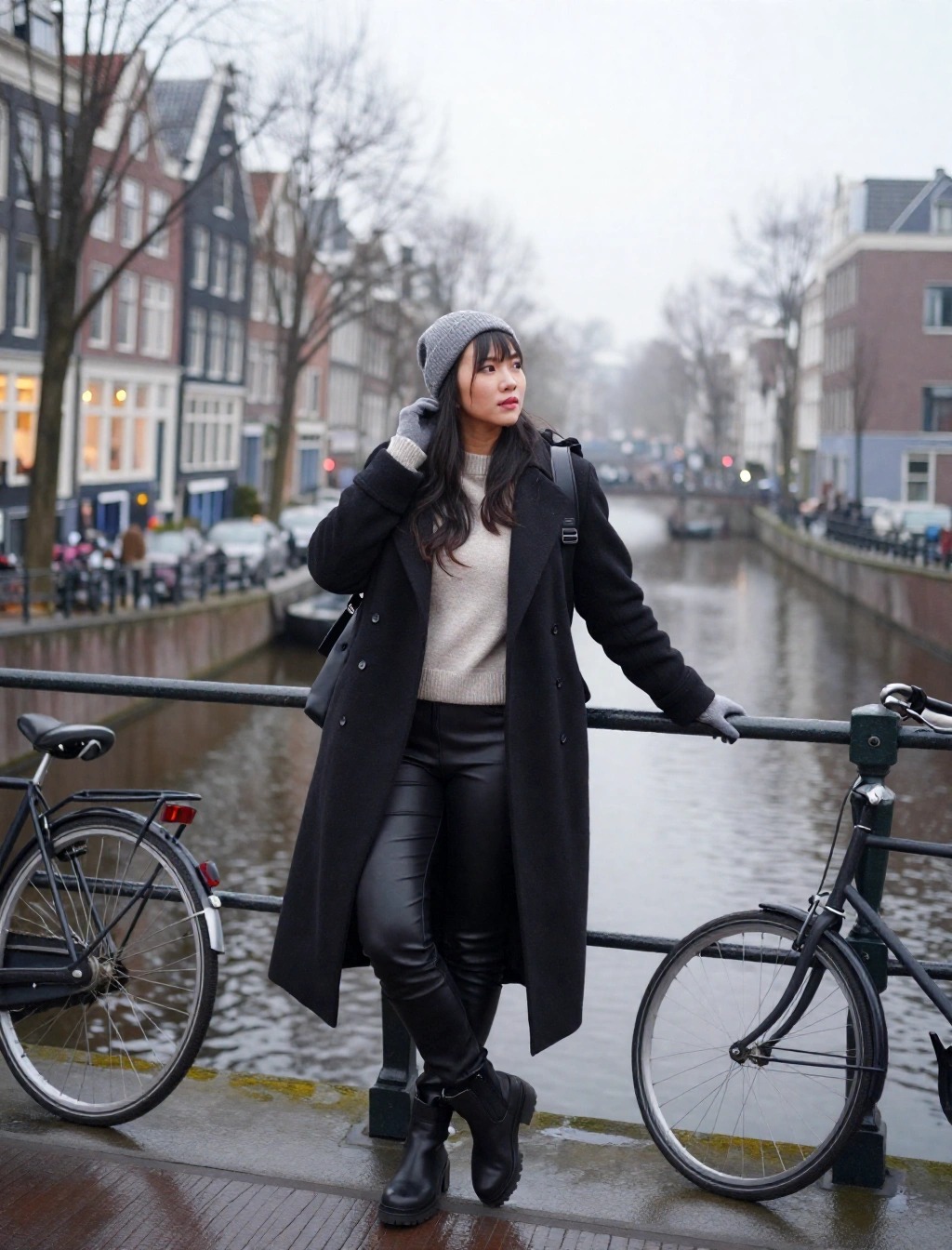 Outfit donna total black con pantaloni effetto pelle, cappotto lungo e accessori invernali ad Amsterdam