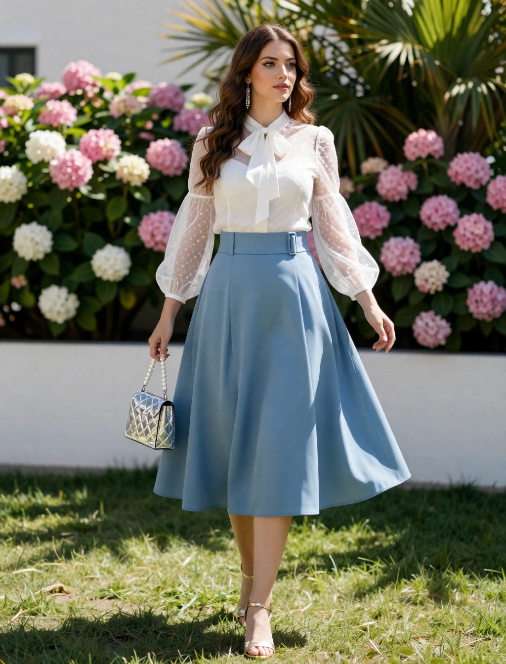 Come Vestirsi Comunione Invitata: Guica Completa ai Look 15 Look comunione invitata con gonna azzurra a ruota e blusa bianca elegante ideale per cerimonia primaverile