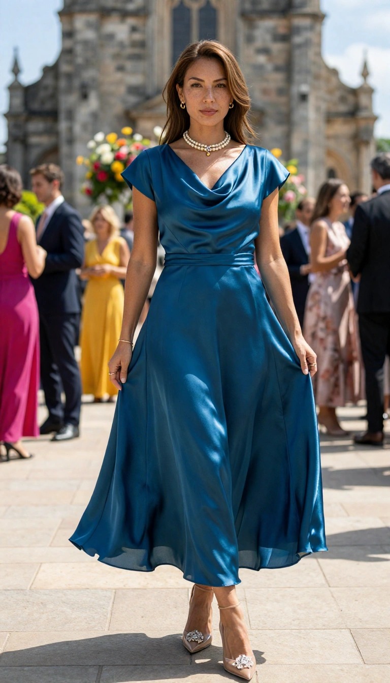 10 Outfit Battesimo Mamma 2026: Idee Look Eleganti e Comodi 12 Abito lungo in raso blu ottanio per mamma al battesimo, outfit elegante con scollo drappeggiato