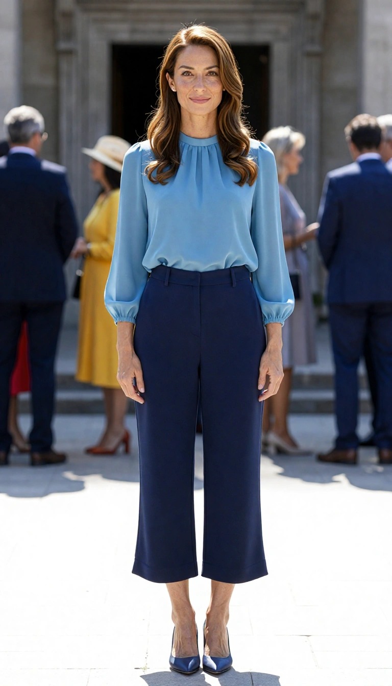 10 Outfit Battesimo Mamma 2026: Idee Look Eleganti e Comodi 5 Outfit battesimo mamma con blusa celeste e pantalone blu notte cropped, look elegante per cerimonia in chiesa