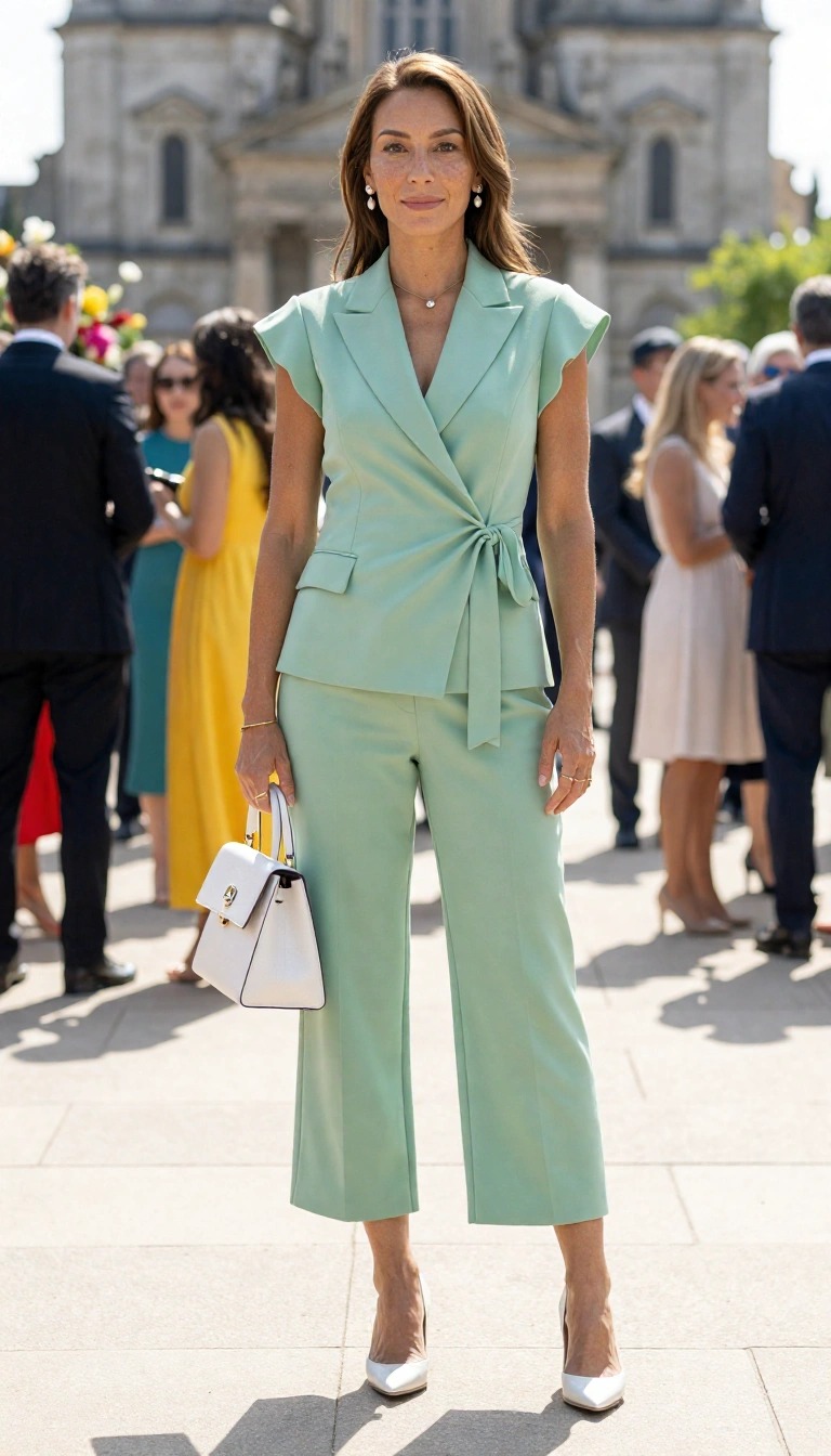 10 Outfit Battesimo Mamma 2026: Idee Look Eleganti e Comodi 11 Completo verde menta per mamma al battesimo, outfit estivo con gilet incrociato e pantalone cropped