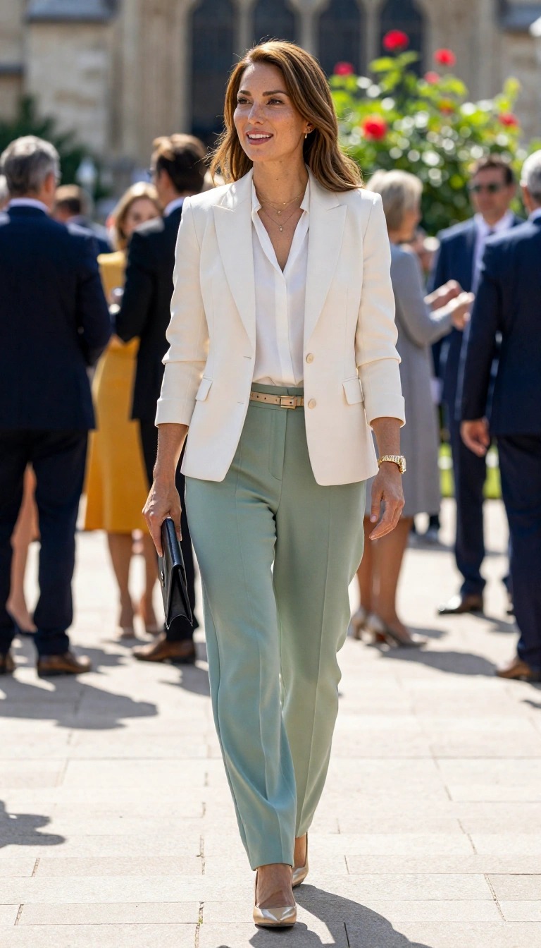 10 Outfit Battesimo Mamma 2026: Idee Look Eleganti e Comodi 6 Mamma al battesimo con completo pantalone salvia e giacca chiara, outfit cerimonia primavera estate comodo