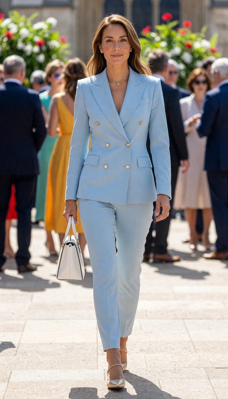 10 Outfit Battesimo Mamma 2026: Idee Look Eleganti e Comodi 1 Mamma con tailleur azzurro cielo doppiopetto, outfit elegante per battesimo primavera estate