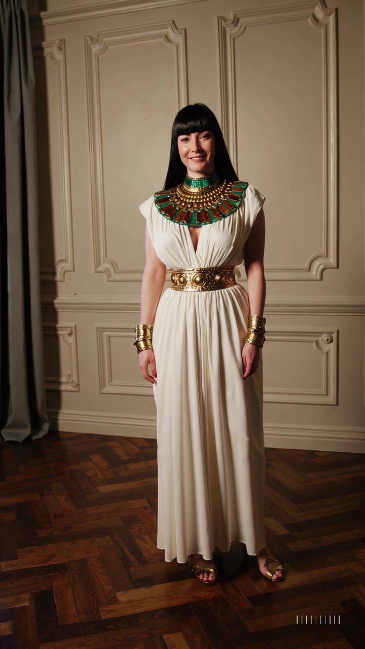 Donna con costume di Carnevale ispirato a Cleopatra, indossa abito bianco lungo stile egizio con cintura e colletto decorato, in interno elegante con parquet.