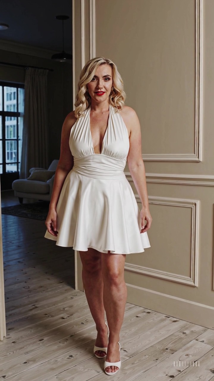Donna con outfit di Carnevale ispirato a Marilyn Monroe, indossa abito bianco corto con scollo halter e sandali chiari, in interno elegante con parquet.