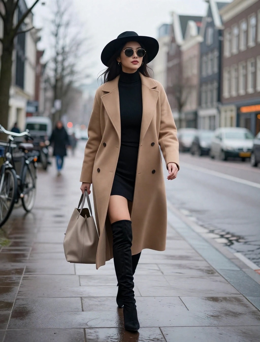 Outfit elegante donna inverno ad Amsterdam con cappotto cammello, total black e stivali alti