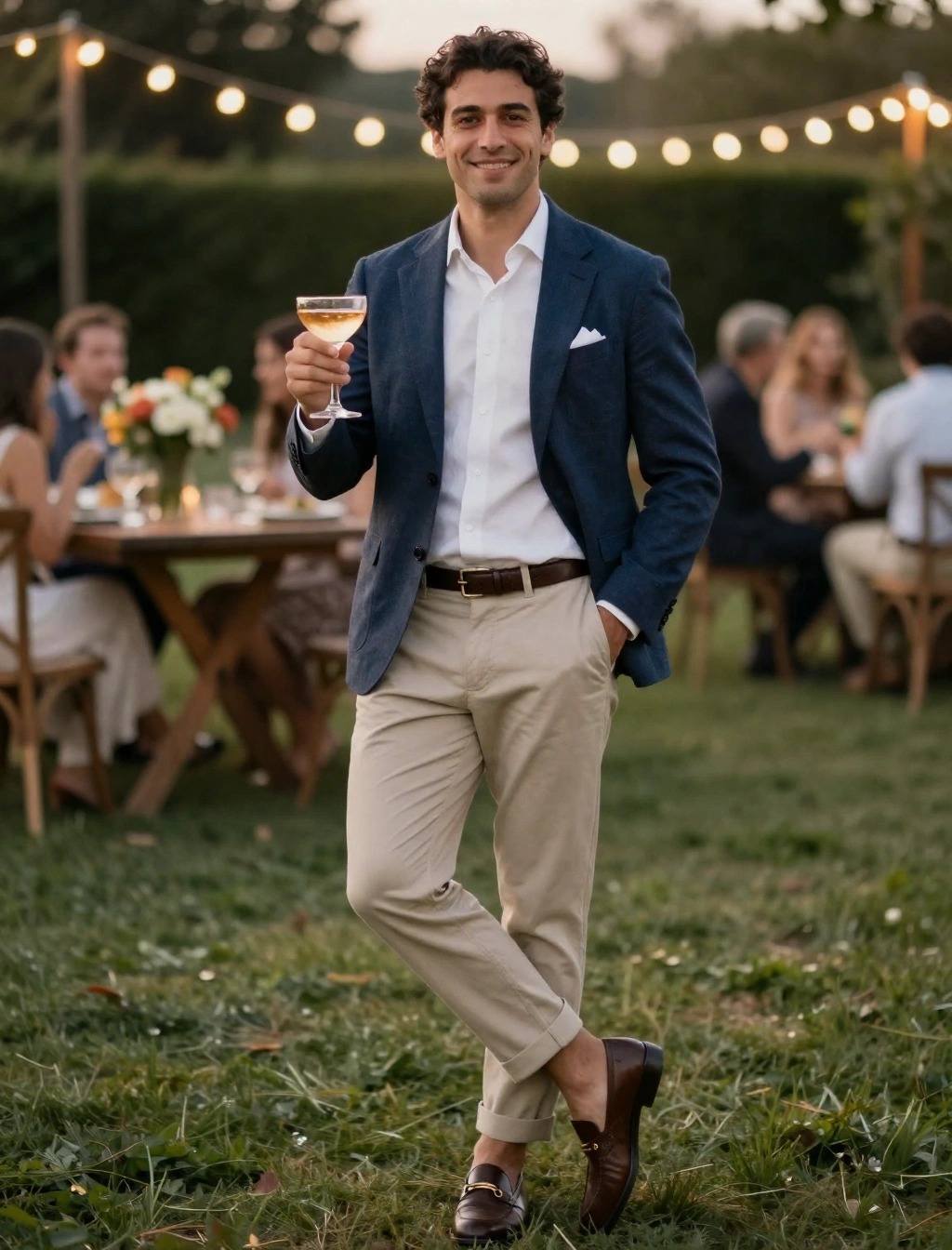 Invitato uomo con blazer blu e pantaloni beige, look elegante per matrimonio in campagna