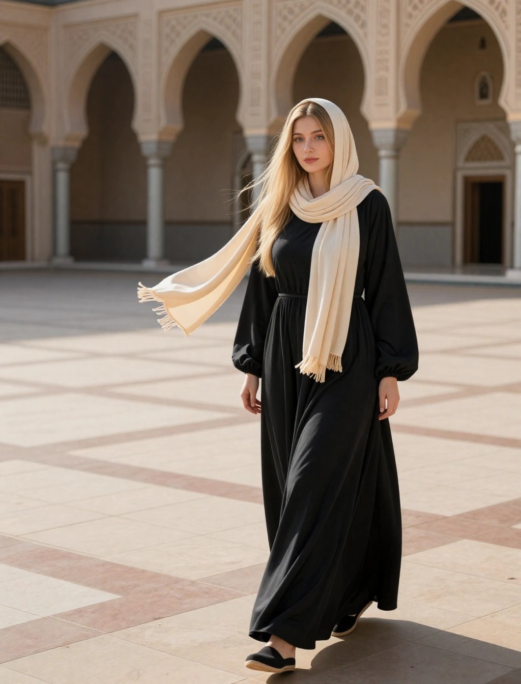 Come vestirsi per entrare in una moschea in Egitto a gennaio: abito lungo nero coprente con foulard beige, look rispettoso e femminile