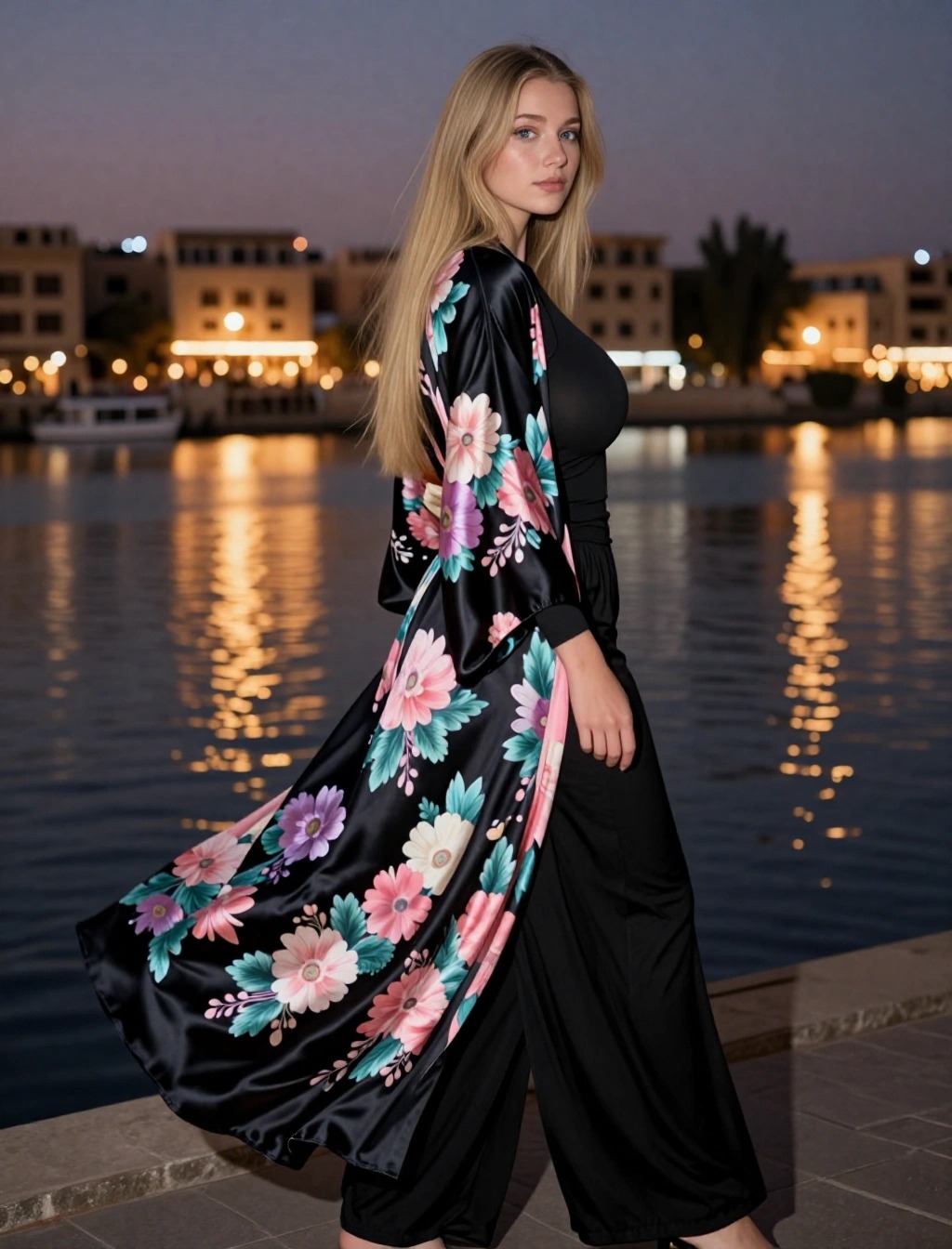 Outfit da sera in Egitto a gennaio con pantaloni neri palazzo, body e kimono lungo floreale, ideale per cene lungo il Nilo