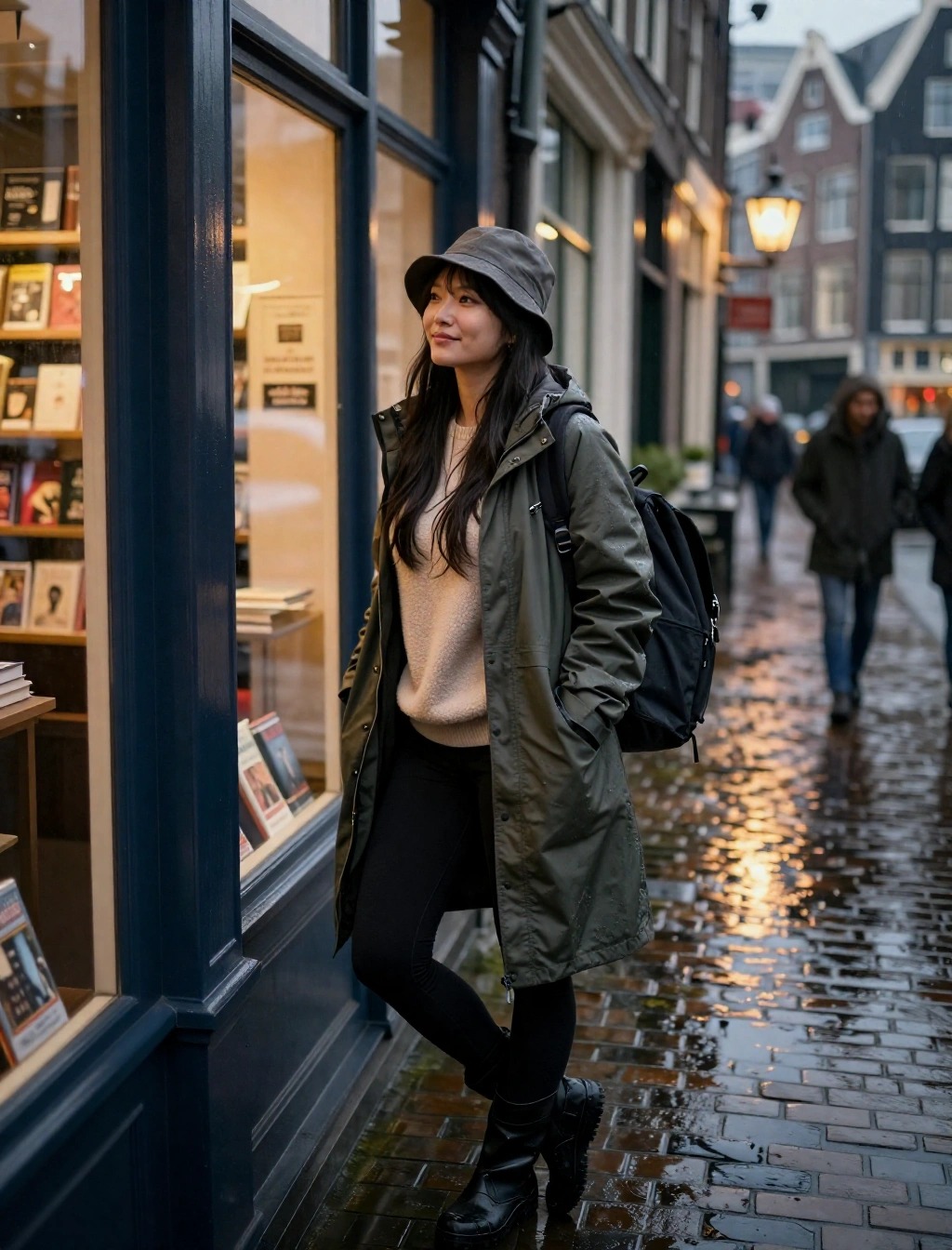 Outfit tecnico da pioggia per l’inverno ad Amsterdam con parka impermeabile e scarponcini donna