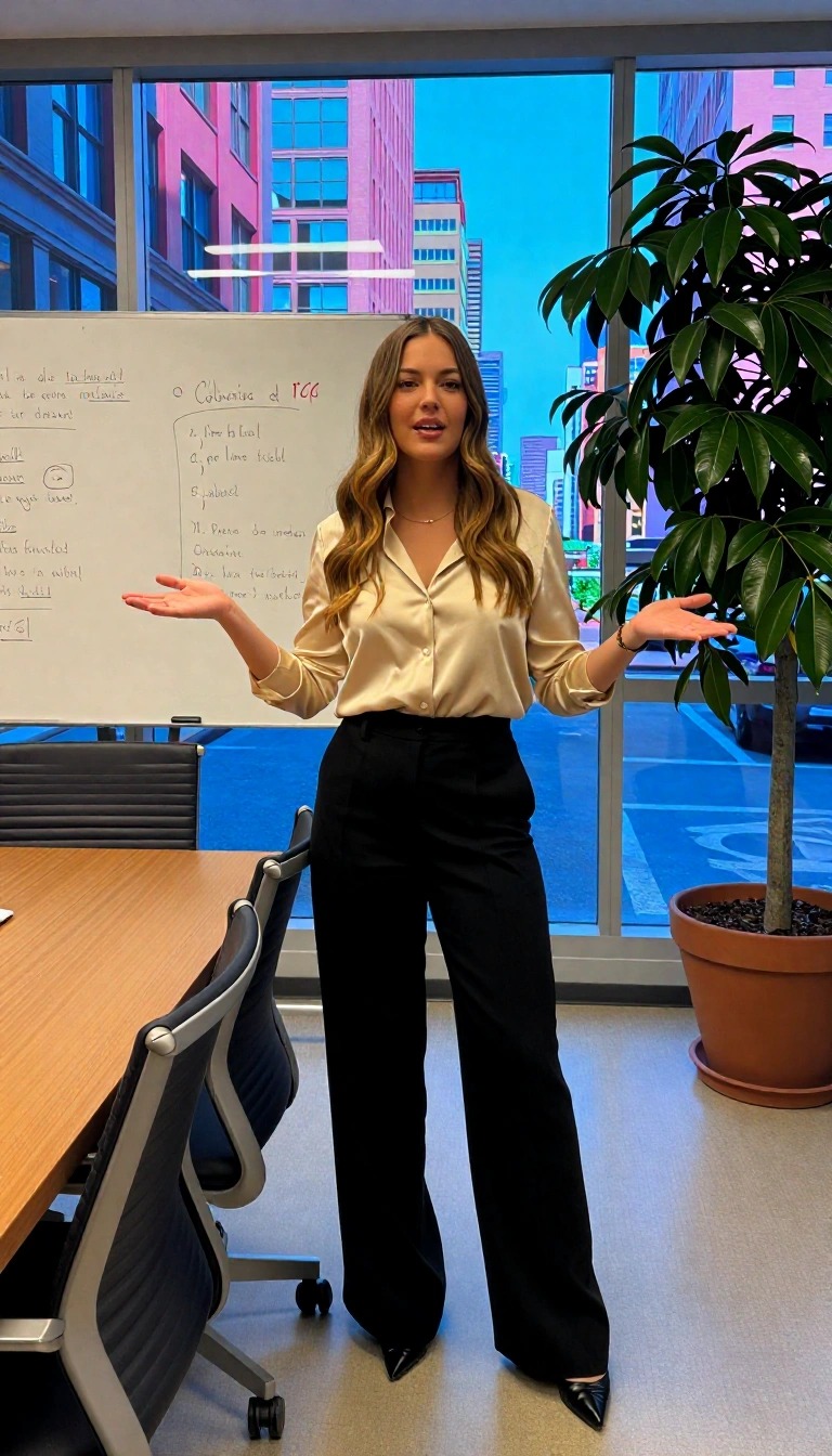 Outfit Ufficio Donna: 10 Look per Essere la Boss con Stile 13 Outfit ufficio donna elegante con pantaloni neri a palazzo e camicia beige in seta, look professionale per meeting