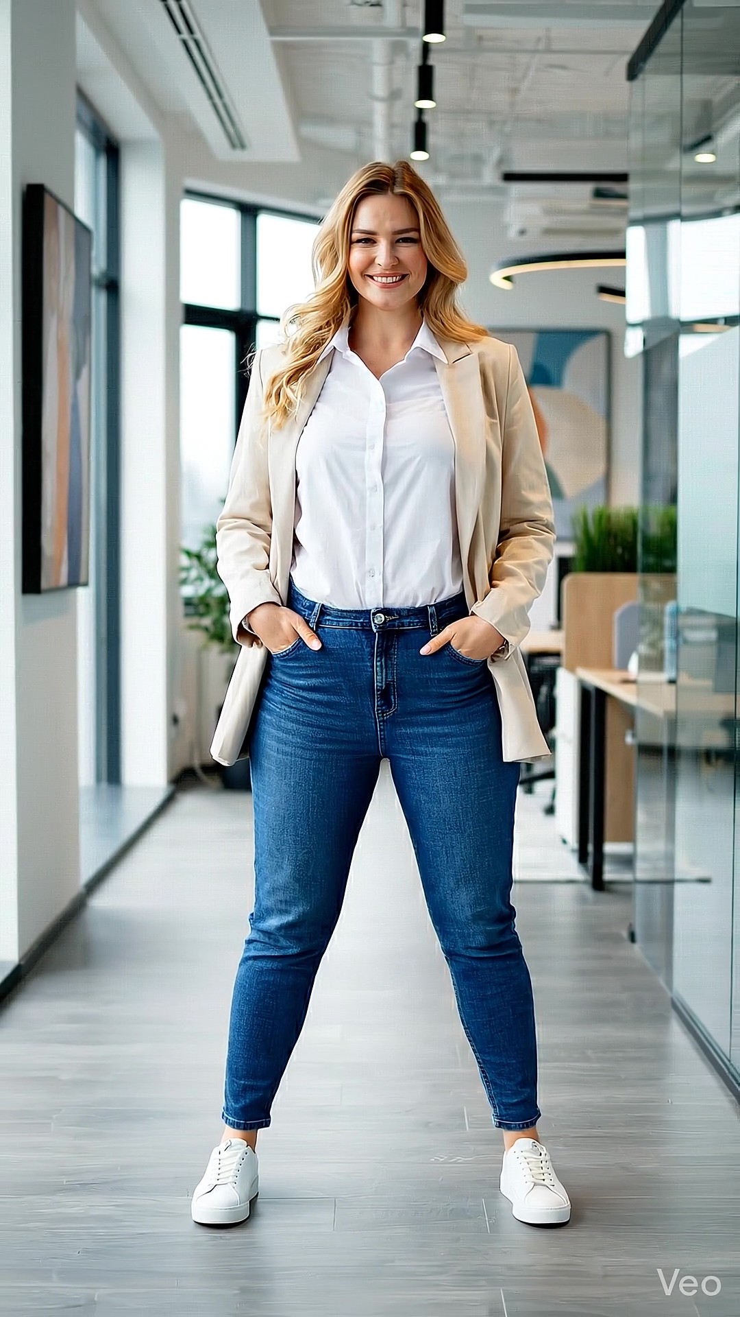 Donna che indossa un outfit smart casual da ufficio con jeans scuri sartoriali, camicia bianca, blazer beige e sneakers bianche minimali in un corridoio aziendale moderno.