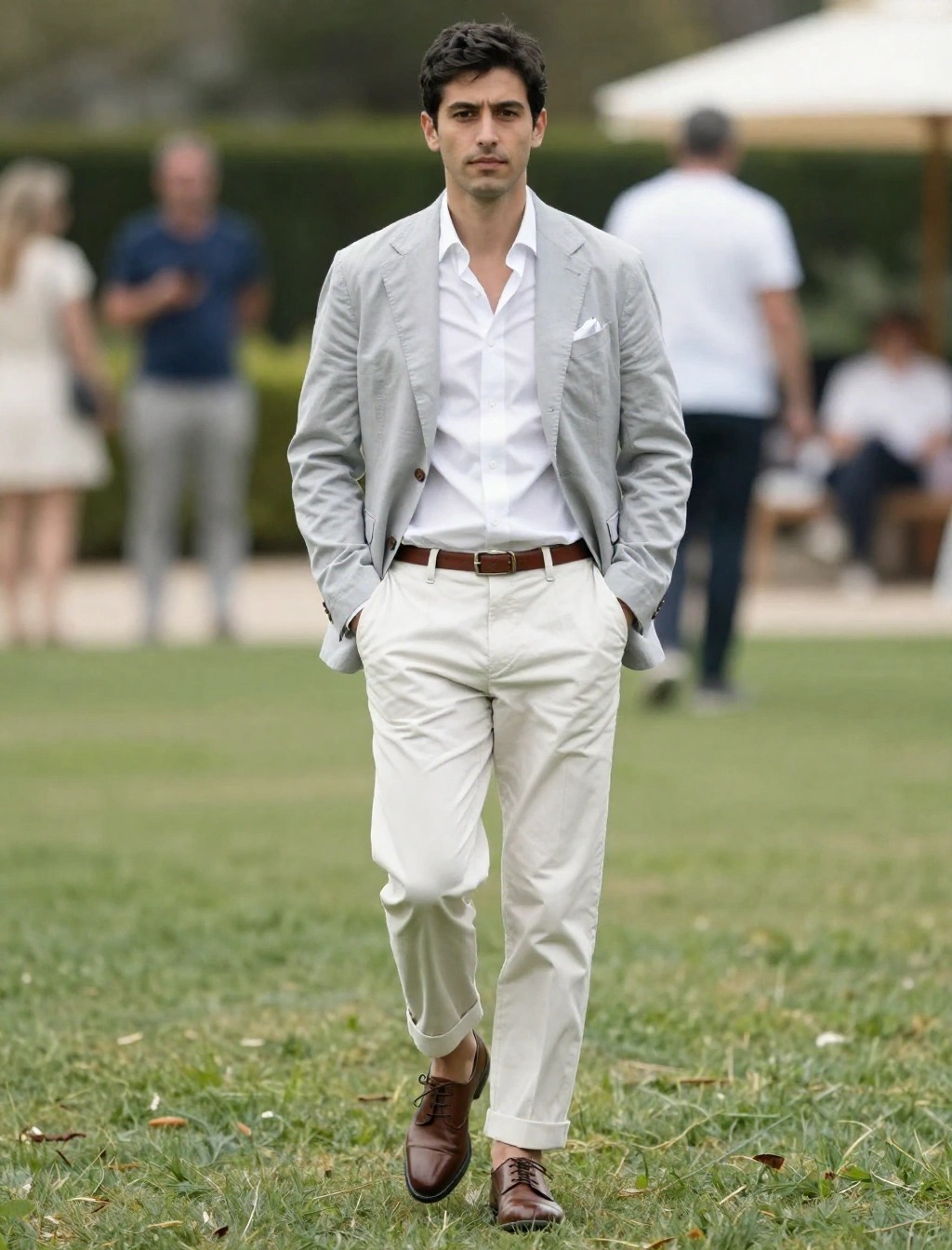 Invitato uomo con giacca grigia chiara e pantaloni chiari, look estivo elegante per matrimonio