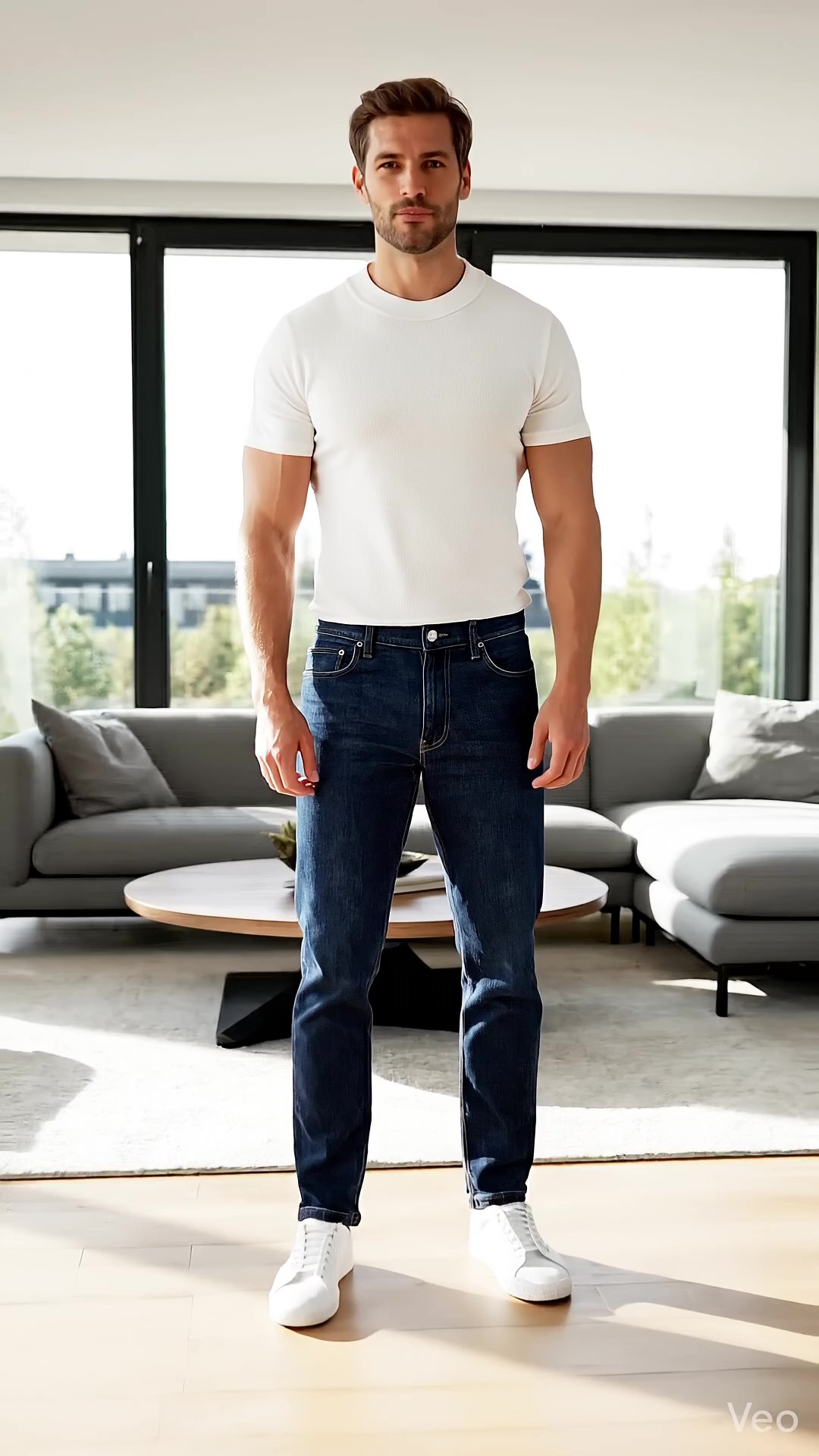 Uomo con t-shirt bianca in cotone pesante e maniche corte aderenti che valorizzano bicipiti e tricipiti per un fisico più imponente.