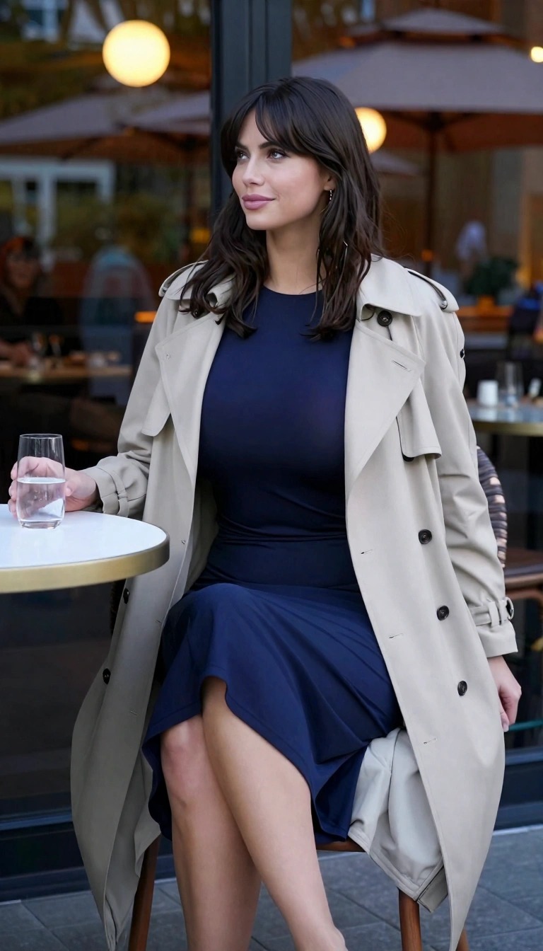 Donna con trench beige sopra abito blu midi, seduta all’esterno di un ristorante per una cena o aperitivo in mezza stagione.