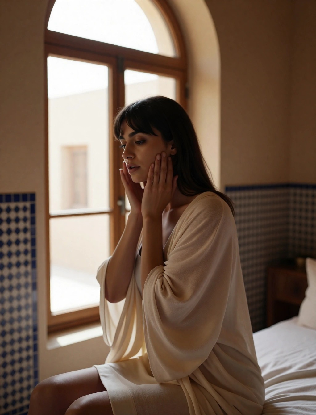 Donna in camera con architettura araba mentre applica crema viso, beauty routine da viaggio in Egitto