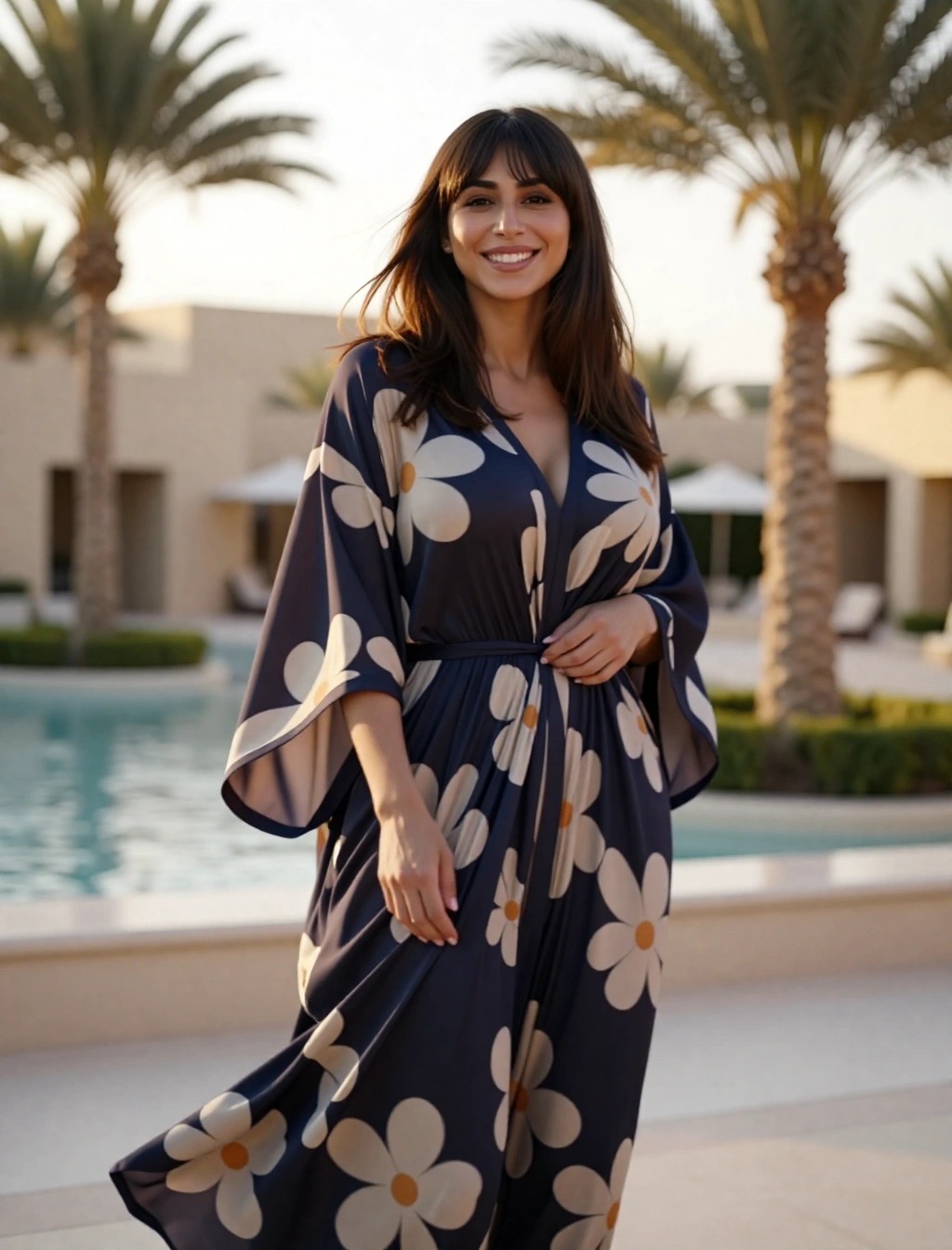 Donna con caftano leggero a fantasia floreale in un resort in Egitto, outfit perfetto per il caldo