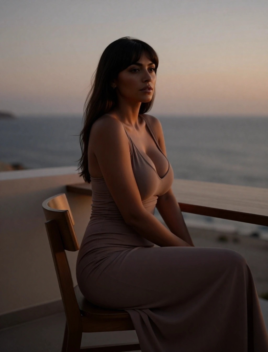 Donna in abito lungo elegante seduta al tramonto con vista sul mare, look serale chic per vacanza in Egitto