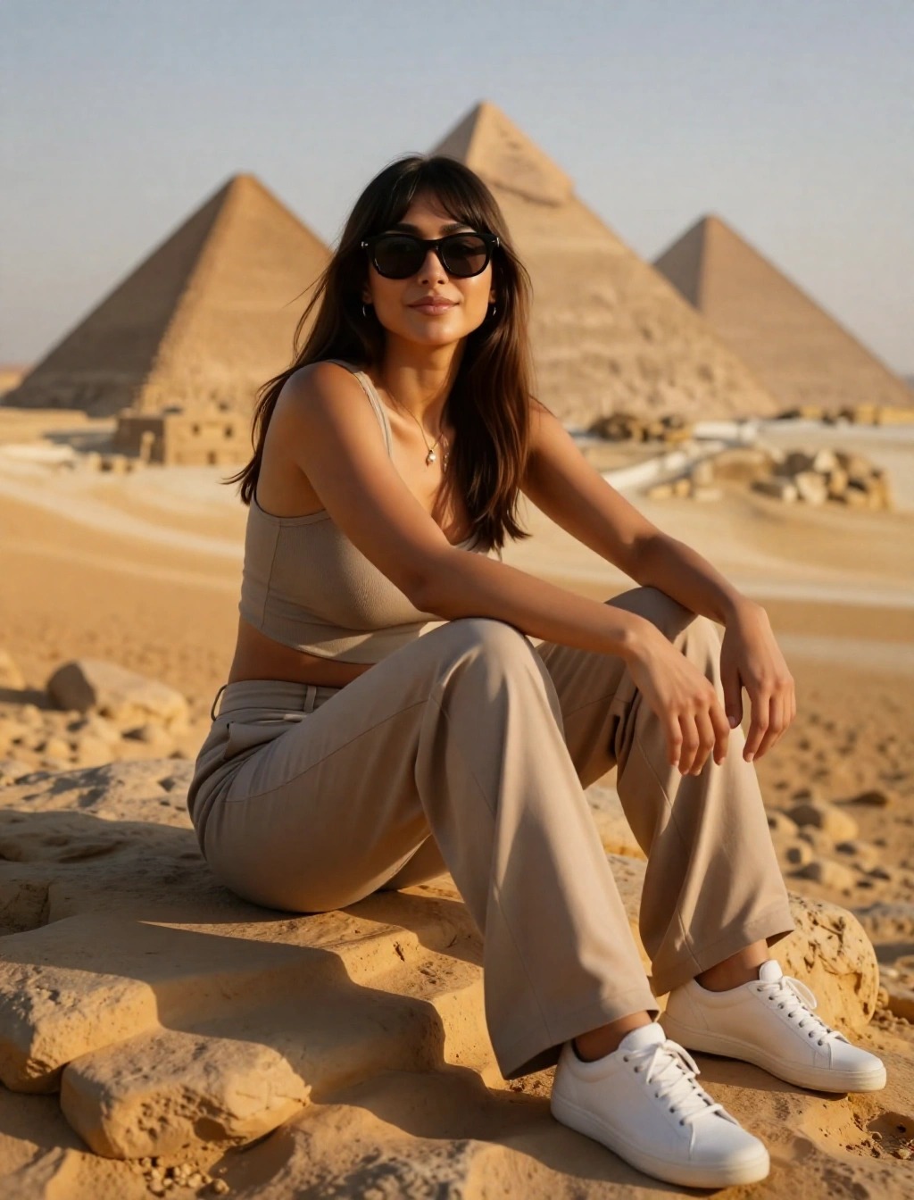 Donna con pantaloni beige e sneakers bianche seduta davanti alle Piramidi di Giza, look pratico da viaggio in Egitto