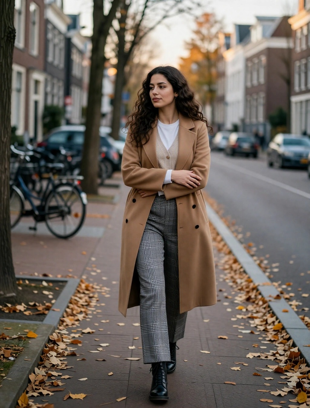 Donna in cappotto cammello e pantaloni a quadri passeggia tra le foglie ad Amsterdam, outfit elegante per l’autunno