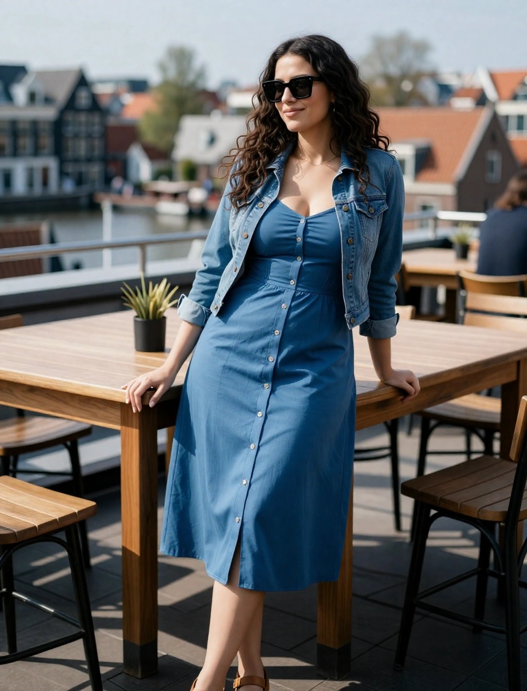 Donna in abito chemisier azzurro e giacca di jeans su terrazza ad Amsterdam, look estivo fresco e chic.