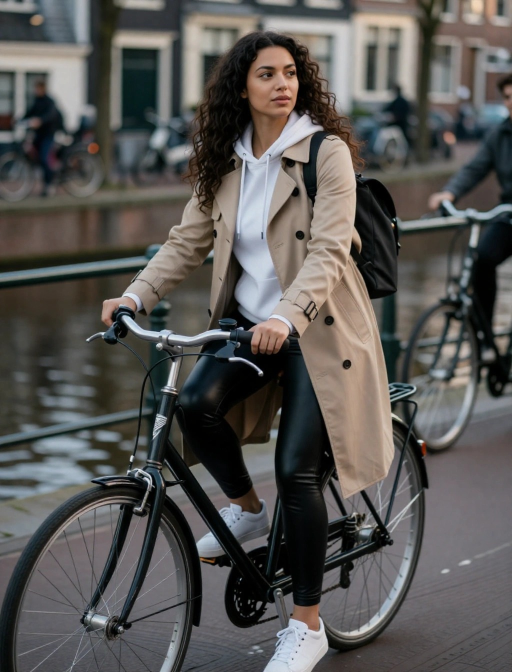 Donna in trench beige, felpa bianca e leggings neri pedala in bicicletta ad Amsterdam, outfit pratico per muoversi in città.