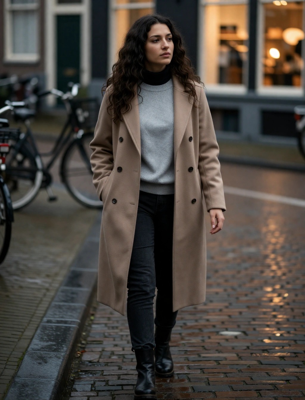Donna con cappotto cammello e stivaletti neri cammina ad Amsterdam in inverno, outfit perfetto per il freddo urbano.