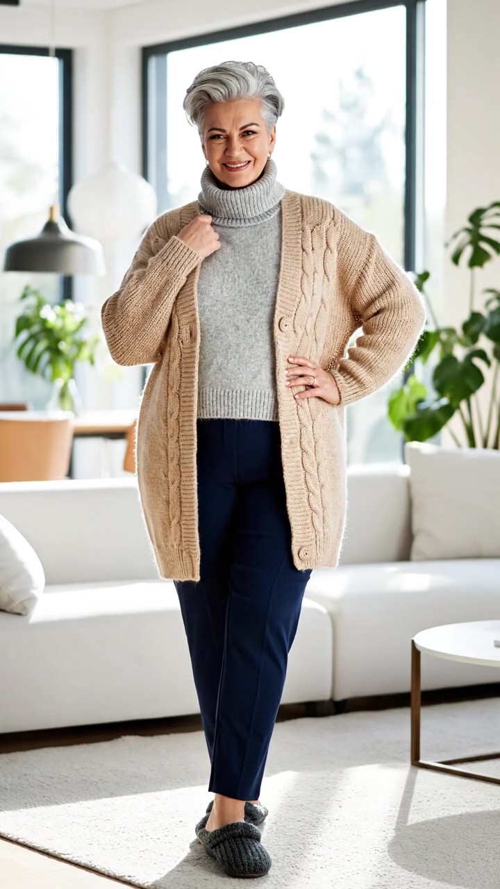 come vestirsi a settanta anni donna in casa con dolcevita grigio, cardigan beige, pantaloni blu e pantofole morbide in un outfit invernale comodo ma curato