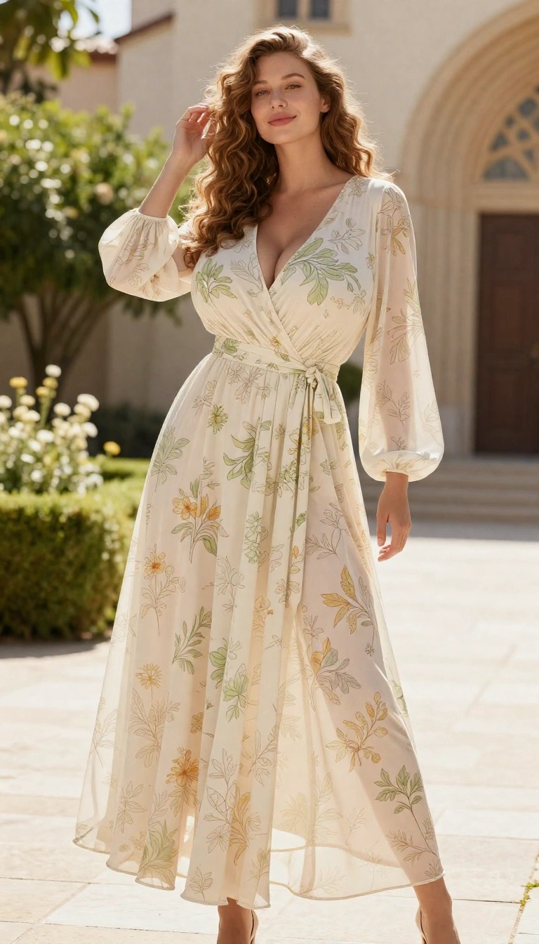 Outfit invitata battesimo con vestito lungo floreale crema elegante e leggero