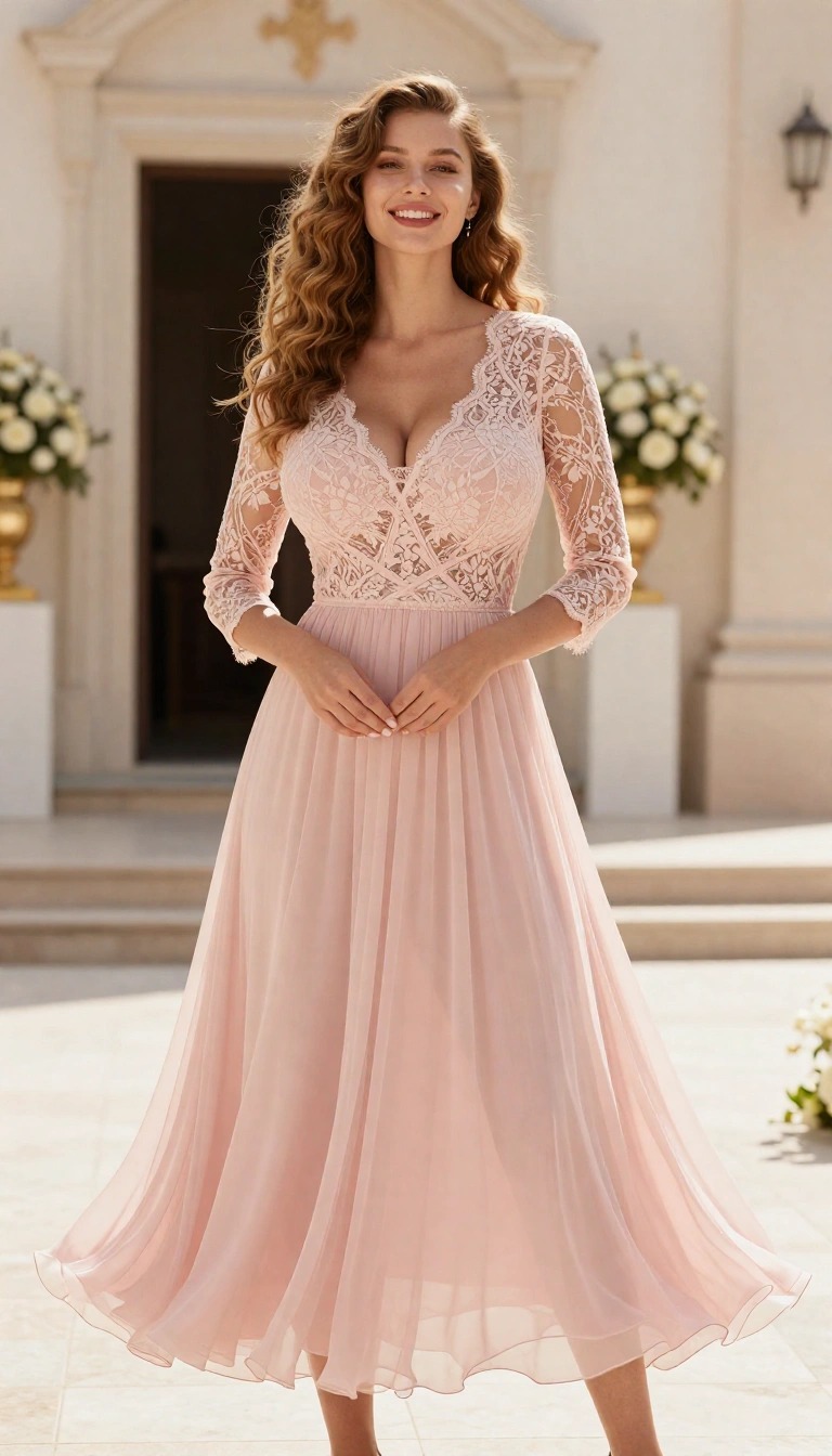 Outfit invitata battesimo con abito rosa cipria in pizzo e chiffon dal taglio romantico