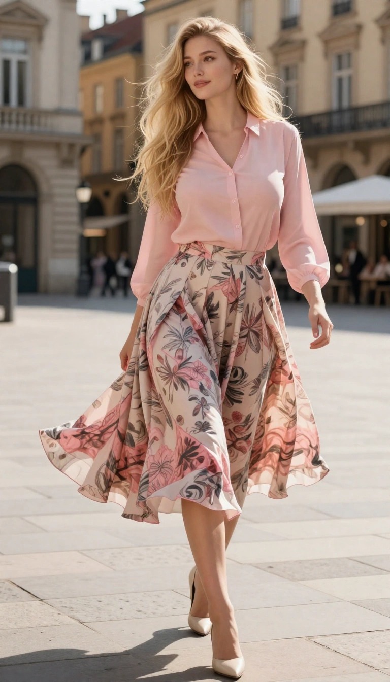 Blusa rosa e gonna midi a fantasia con dettagli rosa, outfit romantico e luminoso in piazza con camminata naturale.