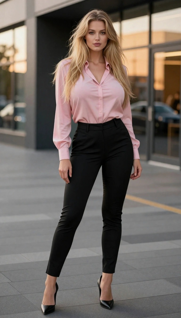 Blusa rosa infilata nei pantaloni a sigaretta neri, outfit donna chic con décolleté nere in ambientazione urbana.