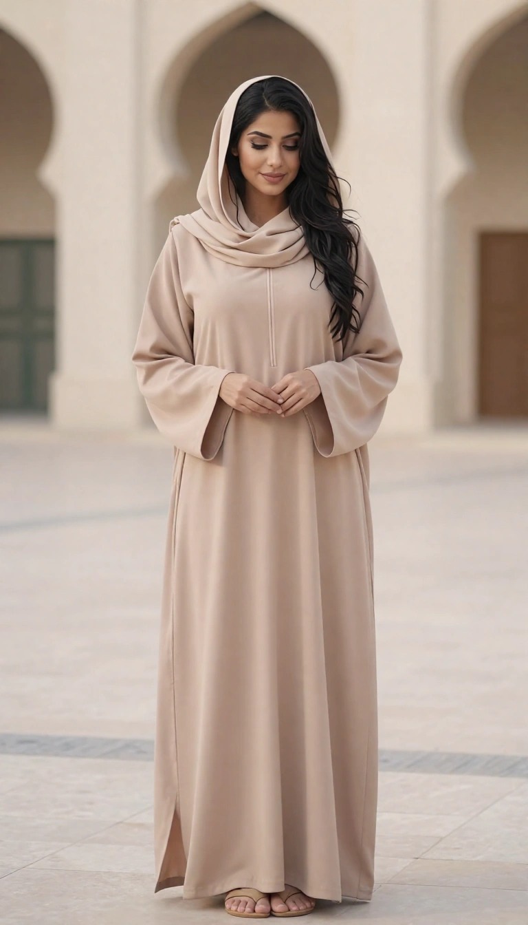 Come vestirsi a Dubai in moschea: abaya lunga beige con velo per coprire i capelli, outfit modesto e rispettoso.