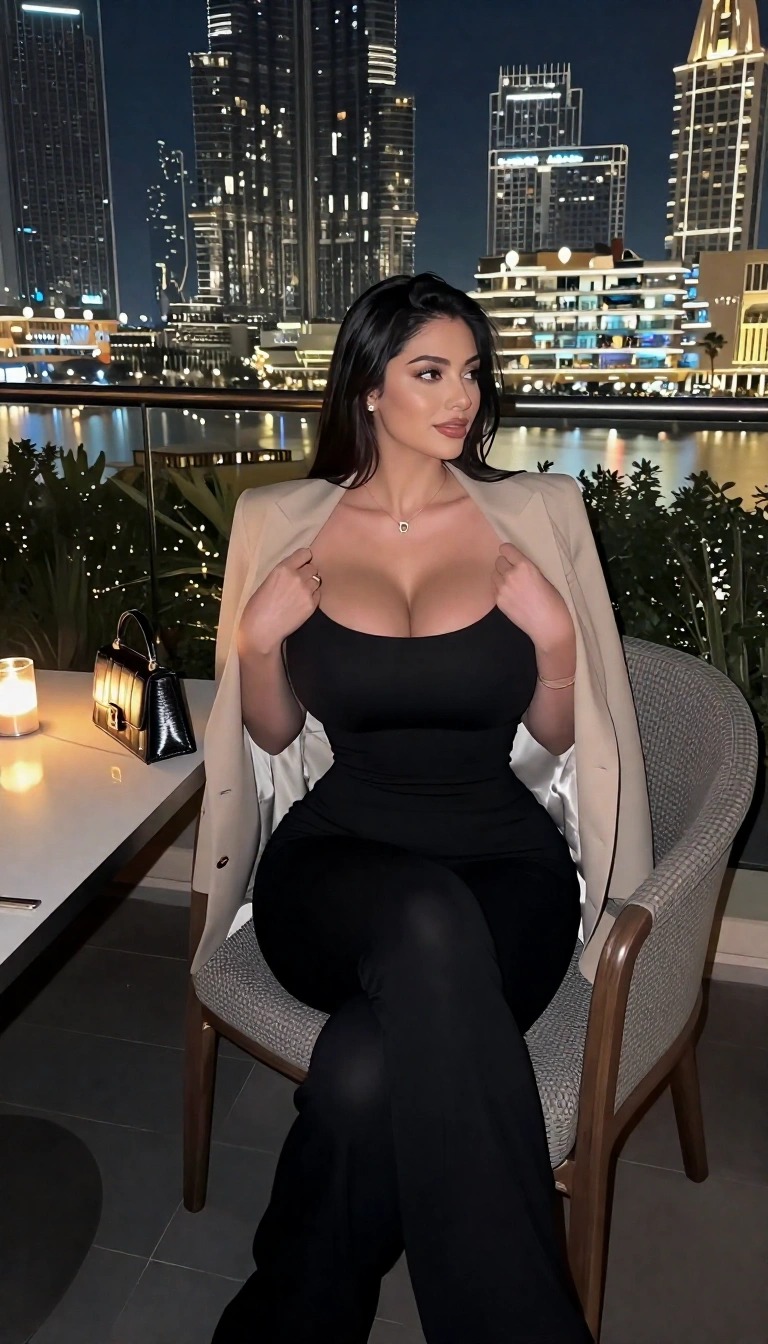 Outfit serale a Dubai: jumpsuit nero con giacca leggera in ristorante panoramico con vista notturna sulla città.