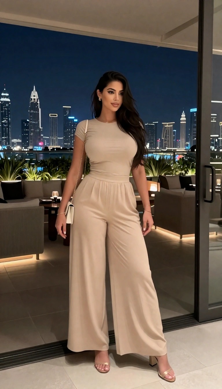 Come vestirsi a Dubai di sera: completo pantalone fluido con sandali comodi e borsetta su rooftop con vista skyline.