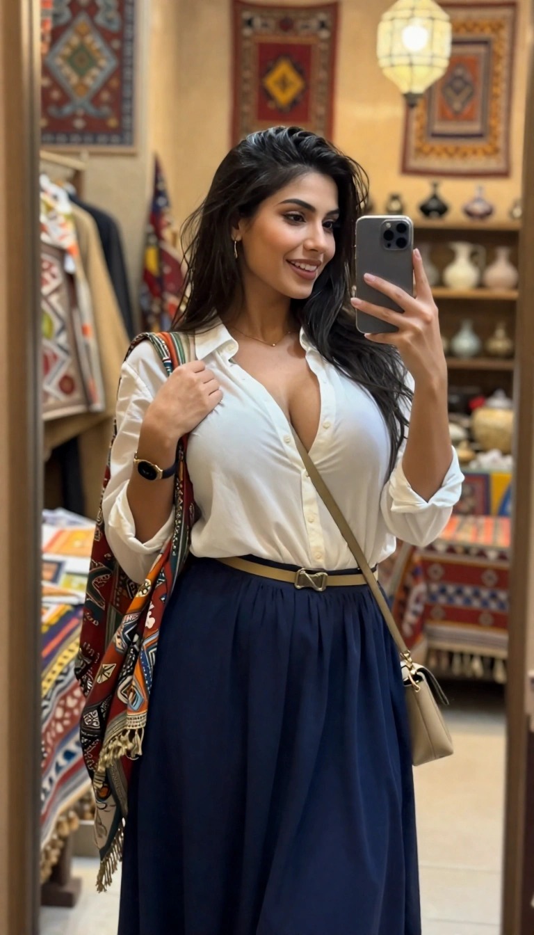 Come vestirsi a Dubai nei mercati tradizionali: camicia bianca leggera e gonna fluida blu con borsetta, look da turista chic.