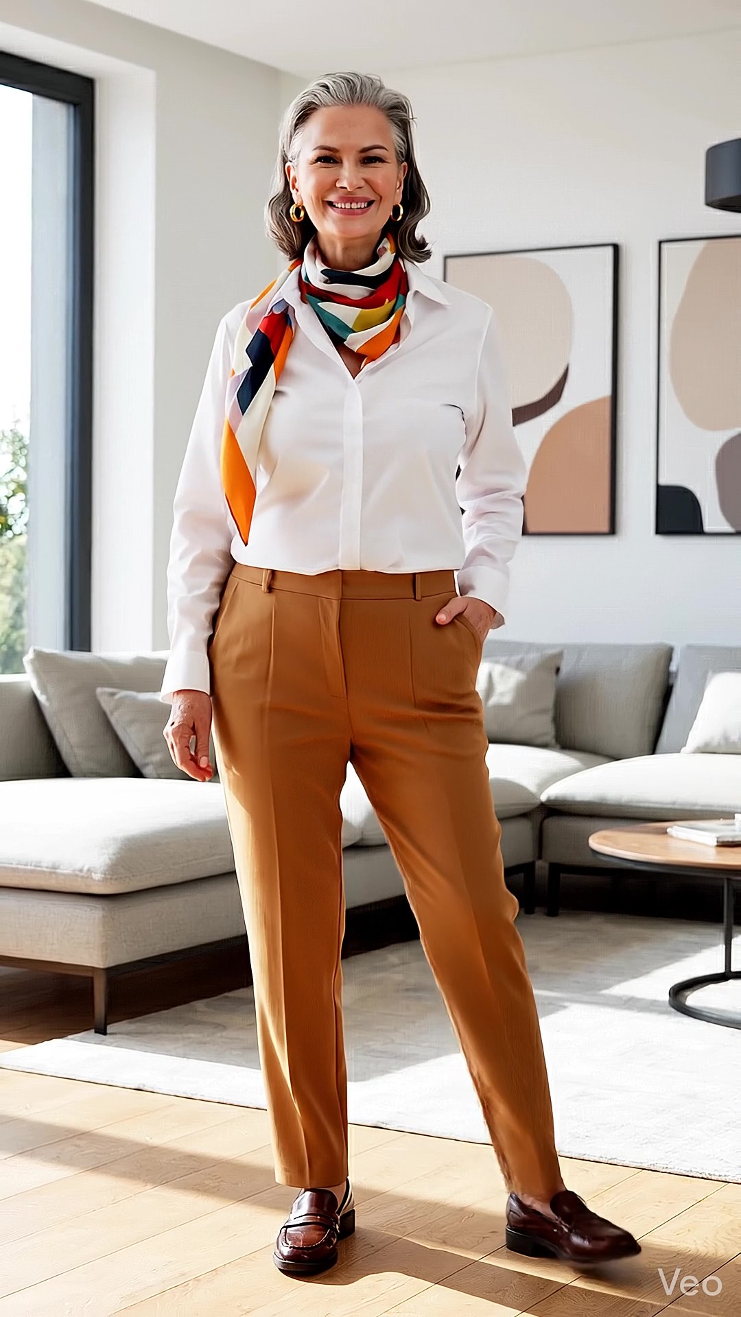 come vestirsi a settanta anni donna con camicia bianca, pantaloni color cammello, mocassini marroni e foulard colorato al collo