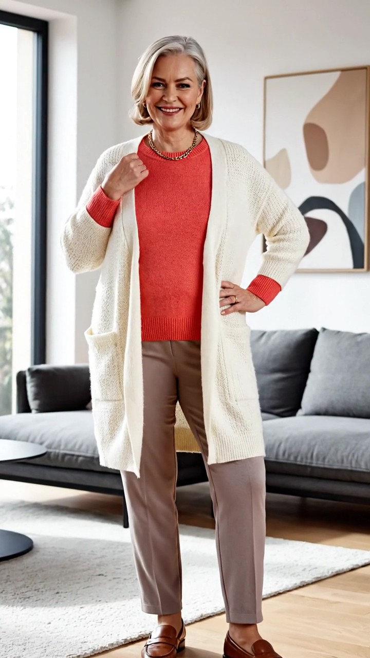 come vestirsi a settanta anni donna con cardigan panna, maglione corallo, pantaloni taupe e mocassini marroni in un outfit casual invernale