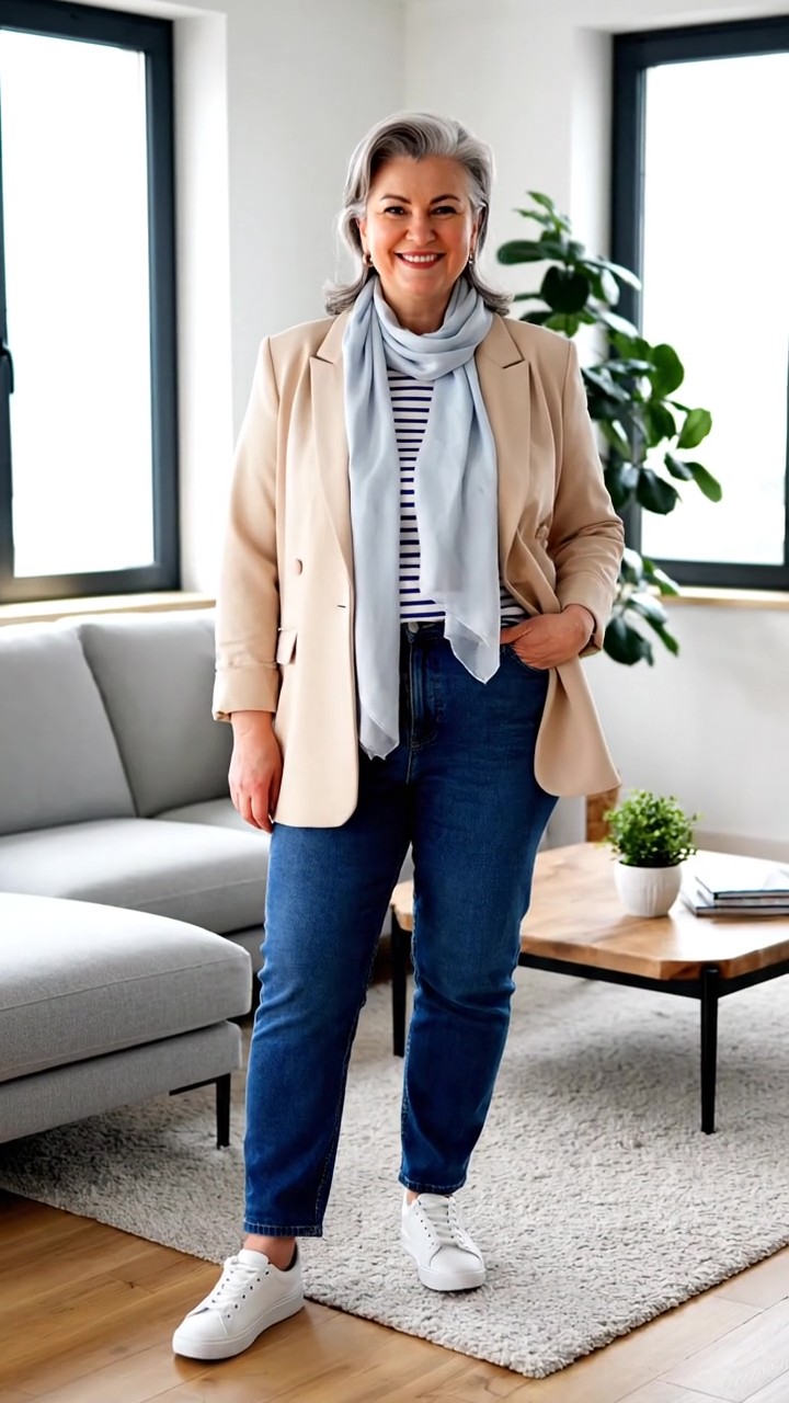 come vestirsi a settanta anni donna con blazer beige, jeans blu e sneakers bianche in un outfit casual chic