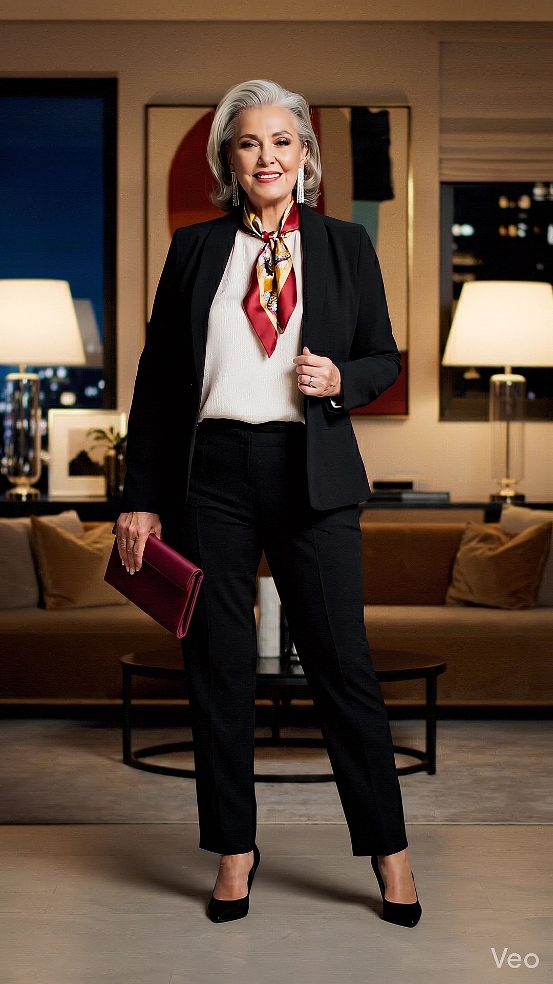 come vestirsi a settanta anni donna per una serata elegante con tailleur nero, blusa chiara, foulard colorato e pochette bordeaux