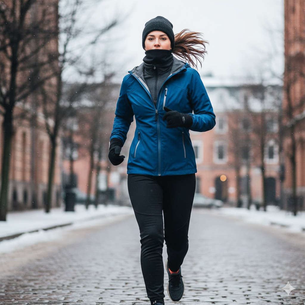 Donna che corre in inverno con outfit tecnico a strati: giacca blu antivento, leggings termici neri, cappellino e guanti per correre al freddo