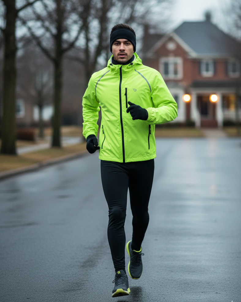 Uomo che corre su una strada asfaltata in inverno indossando una giacca sportiva verde fluo alta visibilità e una fascia copriorecchie nera, contesto urbano con alberi spogli.