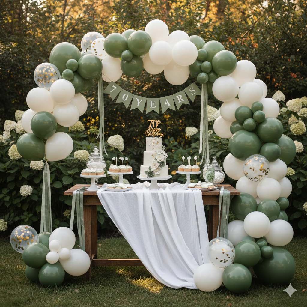 70 anni: scopri i colori perfetti per una festa chic 6 Allestimento elegante per festa di 70 anni in giardino: tavolo della torta con tovaglia bianca, arco di palloncini color verde salvia e bianco, e torta celebrativa su sfondo floreale.