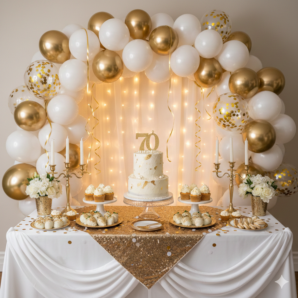 70 anni: scopri i colori perfetti per una festa chic 1 Allestimento elegante per un 70° compleanno con tavolo della torta bianco e oro, arco di palloncini decorativi, luci soffuse e torta a due piani con topper numero 70